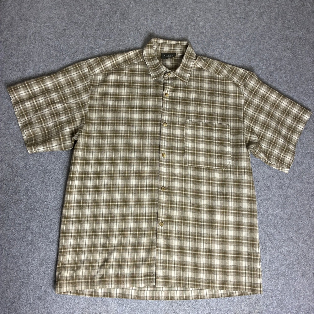 Vintage Saga Mens XXL Plaid Short Sleeve Button Up Shirt Brown Tan Made in USA